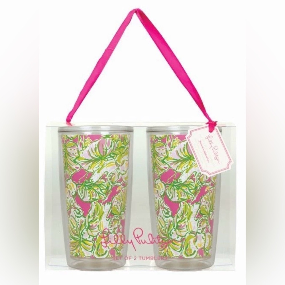 LILLY PULITZER Insulated Tumbler Set of 2 ELEPHANT EARS Acrylic Drink Glass 16oz